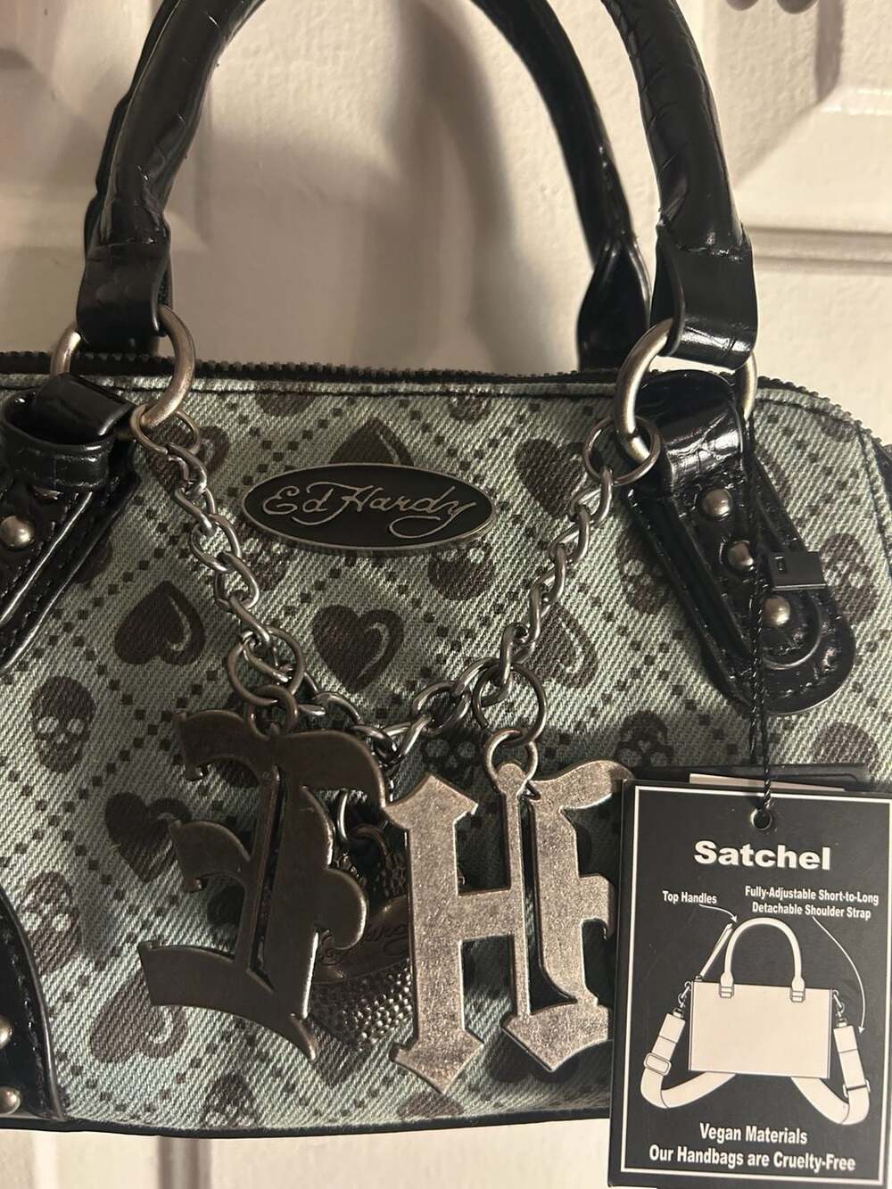Ed Hardy Skull and Heart Print Satchel Bag with Logo Charms - Picture 2 of 6